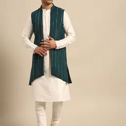 KISAH Men White Solid Kurta with Churidar & Nehru Jacket-picture-13