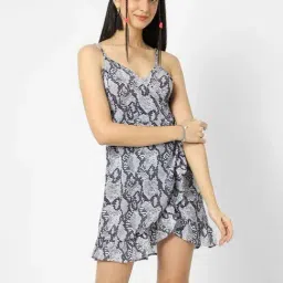 VASTRADO White & Navy Printed A-Line Dress-image-61