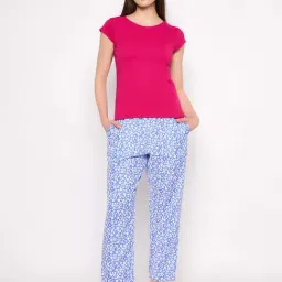 Clovia Pink & Blue Printed T-Shirt Pyjamas Set-image-36