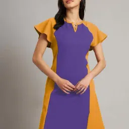 Brinns Mustard & Violet Regular Fit Color-Block Dress-image-64