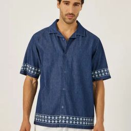 Styli Navy Blue Cotton Relaxed Fit Self Design Shirts-image-77
