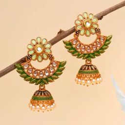 Karatcart Gold-Plated Green Meena Floral Design Jhumki Earrings-25