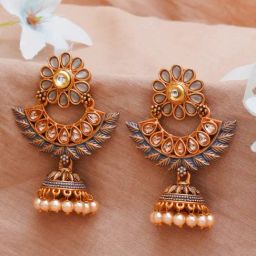 Karatcart Gold-Plated Grey Meena Floral Design Jhumki Earrings-image-45