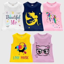 KUCHIPOO Girls Pack Of 5 Graphic Printed Sleeveless T-shirts-image-44