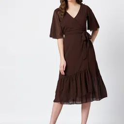 PANIT Women Coffee Brown Solid Midi Wrap Dress with Belt-image-91