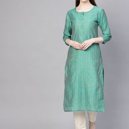 Varanga Women Green Checked Silk Straight Kurta-picture-49