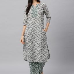 Idalia Women Grey Floral Printed Panelled Pure Cotton Kurta with Trousers-picture-23
