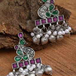 Karatcart Oxidised Silver Peacock Design Pink and Green Stone Drop Earring for Women-14