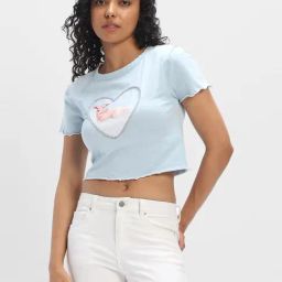 Forever 21 Sky Blue Cotton Graphic Print Crop Top-picture-30