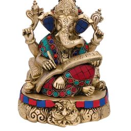 CraftVatika Gold-Toned & Red Handcrafted Shubh Labh Writing Ganesha Brass Idol-image-74