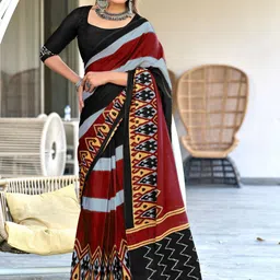 Anouk Maroon Striped Pure Cotton Ikat Sarees-picture-8