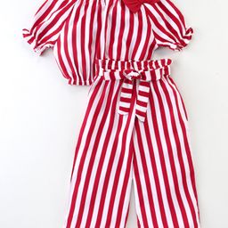 CrayonFlakes  Half Sleeves Bow Embellished & Awning Striped Top With Coordinating Pant - Red-image-57