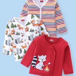 Babyhug 100% Cotton Full Sleeves Front Open Vest Foxy Printed Pack of 3 - Red & White-picture-10