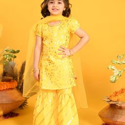 Saka Designs By Sapna Short Sleeves Leaf Swirl Foil Printed Kurta With Foil Striped Sharara & Dupatta - Yellow-image-77