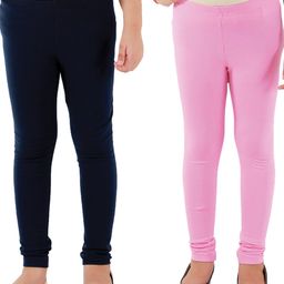Kids Cave Set Of 2 Cotton Jersey Solid Leggings - Mauve Pink & Blue-image-60