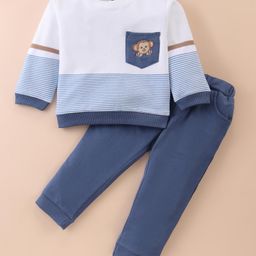 ToffyHouse 100% Cotton Knit Full Sleeves T-Shirt & Lounge Pants Set With Stripes & Animal Embroidery - White & Royal Blue-28