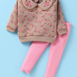 ToffyHouse Interlock Knit Full Sleeves Winter Wear Peter Pan Collared Top & Lounge Pant Set With Floral Print & Embroidery - Tan & Pink-image-94