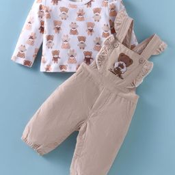 ToffyHouse Interlock Knit Dungaree & Full Sleeves T-Shirt With Teddy Bear Print & Patch - Tan & White-image-25