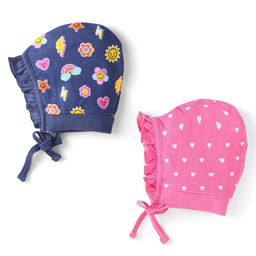 Babyhug Interlock Cotton Knit Floral & Heart Print Caps Pack Of 2 - Pink & Navy Blue-image-30