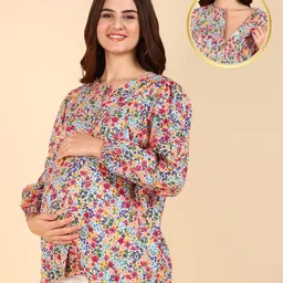Zelena 100% Cotton Full Sleeves Floral Printed Zipless Maternity Tops - Multi Colour-picture-16