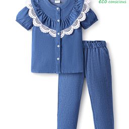 Babyoye Denim Woven Half Puffed Sleeves Top & Leggings Set with Lace Detailing - Blue-image-52