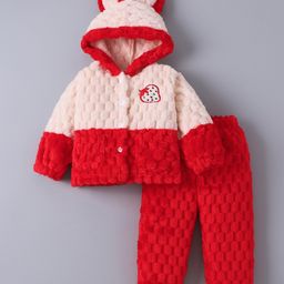 Kookie Kids Full Sleeves Hooded Front Open T-Shirt & Lounge Pants Winter Wear Set With Strawberry Applique - Red-image-20