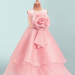 Bluebell Tissue Woven Sleeveless Sequined Layered Party Gown with Floral Corsage - Pink-image-53