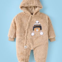 Little Kangaroos Winter Wear Hooded Romper With Bear Applique - Tan-picture-24