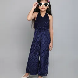 Taffykids Velvet Sleeveless Stone Embellished & Abstract Printed Jumpsuit - Navy Blue-picture-30