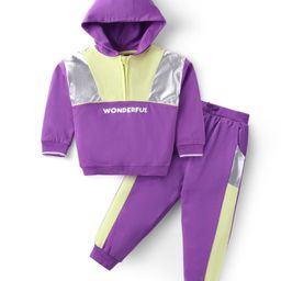 Babyhug Terry Knit Full Sleeves Hooded Sweatshirt & Lounge Pant Set With Cut & Sew Design - Lilac-image-7
