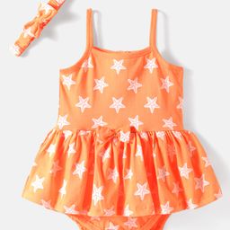 Babyhug 100% Cotton Knit Sleeveless Star Printed Frock Style Onesies with Headband & Bow Applique- Coral-image-53