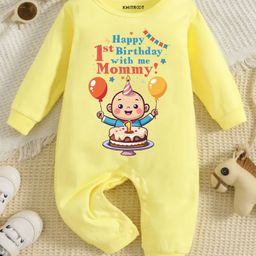 KNITROOT Full Sleeves Happy 1St Birthday With Me Mommy Text Printed Romper - Yellow-picture-41