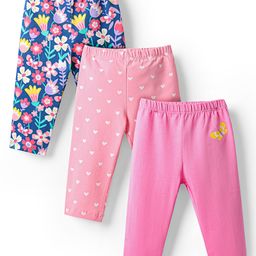 Babyhug Cotton Lycra Knit Full Length Floral & Heart Printed Leggings With Stretch Pack Of 3 - Pink Blue & Dark Pink-image-105