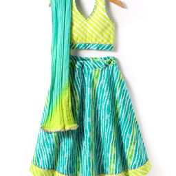 Exclusive from Jaipur Cotton Woven Sleeveless Halter Neck Striped Choli Lehenga Set with Dupatta - Turquoise-picture-16