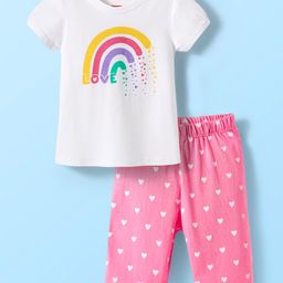 Babyhug Cotton Knit Half Sleeves Capri Night Suit with Hearts & Rainbow Print - White & Pink-image-86