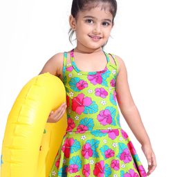 Babyhug Water Repellant Frock Swimsuit With Floral Print - Green-image-28