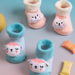 Kicks & Crawl Cotton Pack Of 2 Animals 3D Applique Detailed Anti Skid Socks - Blue & Peach-image-55