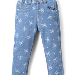 Babyhug Full Length Denim Jeans Washed with Stretch Heart & Bow Print - Blue-image-35