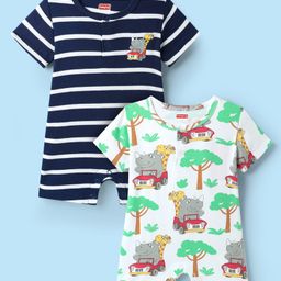 Babyhug 100% Cotton Knit Half Sleeves Rompers With Stripes & Safari Print Pack of 2 - Navy Blue & White-image-57