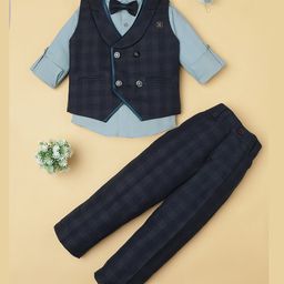 Rikidoos Full Sleeves Checked 3 Piece Party Suit With Bow Set - Peacock & Sea Green-image-81
