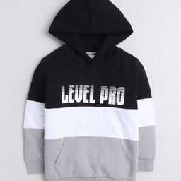 BUMZEE Looper Knit Full Sleeves Text Printed Hooded Sweatshirt With Kangaroo Pockets - Black & Grey-image-32