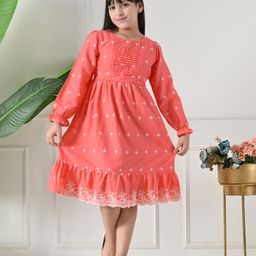 Bella Moda Cotton Woven Three Fourth Peasant Sleeves Floral Embroidered Dress - Peach-picture-16
