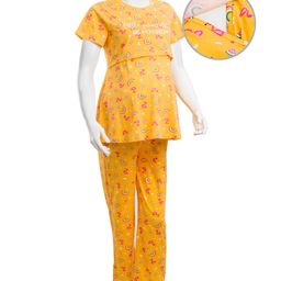 Bella Mama Cotton Knit Half Sleeve Nursing Night Suit with Floral Print - Yellow-picture-31