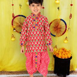 BownBee Pure Cotton Woven Navratri Theme Full Sleeves Elephant & Birds Printed Mirror Work Detailed Kurta Dhoti Set - Pink-picture-9