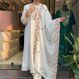 KALINI Floral Embroidered Key Hole Neck Pleated A Line Kurta With Trousers & Dupatta-picture-23