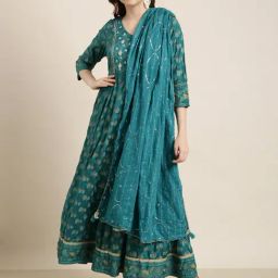 SHOWOFF Green Floral Print Anarkali Kurta With Dupatta-image-42