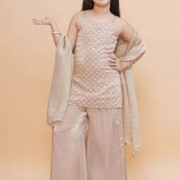 Piccolo Kids Gold Embellished Straight Fit Kurti, Palazzos & Dupatta-image-25