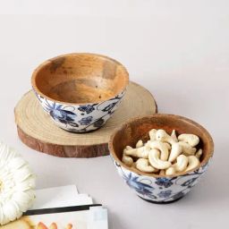 Aapno Rajasthan Blue & Brown Wood Serving Bowl - Set of 2-image-14