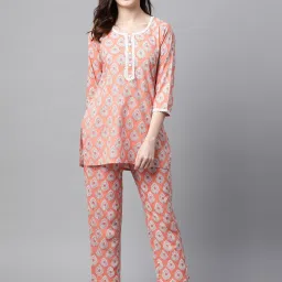 Meeranshi Orange Printed Tunic Pyjama Set image 1