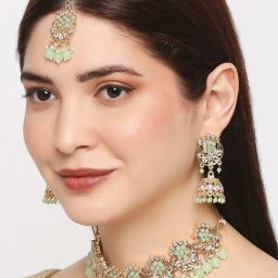 OOMPH Green Beads & Kundan Ethnic Choker Necklace Set with Jhumka Earrings & Maangtikka image 1